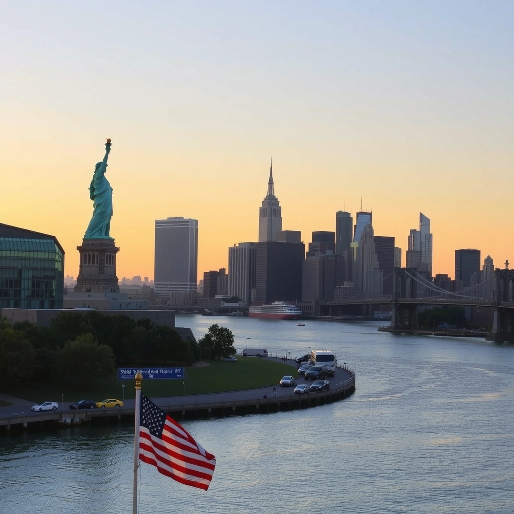 Городской пейзаж Нью-Йорка с видом на Статую Свободы
